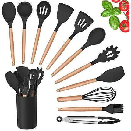 Kit Premium de Utensílios de Cozinha em Silicone Antiferrugem - 12 Peças com Cabos de Madeira - Cybertech™