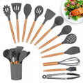 Kit Premium de Utensílios de Cozinha em Silicone Antiferrugem - 12 Peças com Cabos de Madeira - Cybertech™