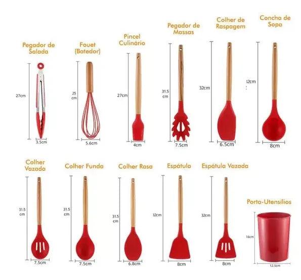 Kit Premium de Utensílios de Cozinha em Silicone Antiferrugem - 12 Peças com Cabos de Madeira - Cybertech™